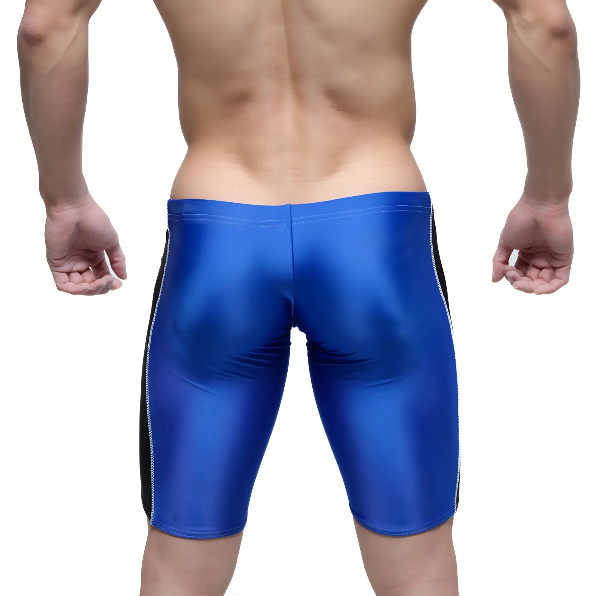 MetroMaleWear Jammer swim boxer royal in blue shiny fabric with black side panels and white stitching for swimming