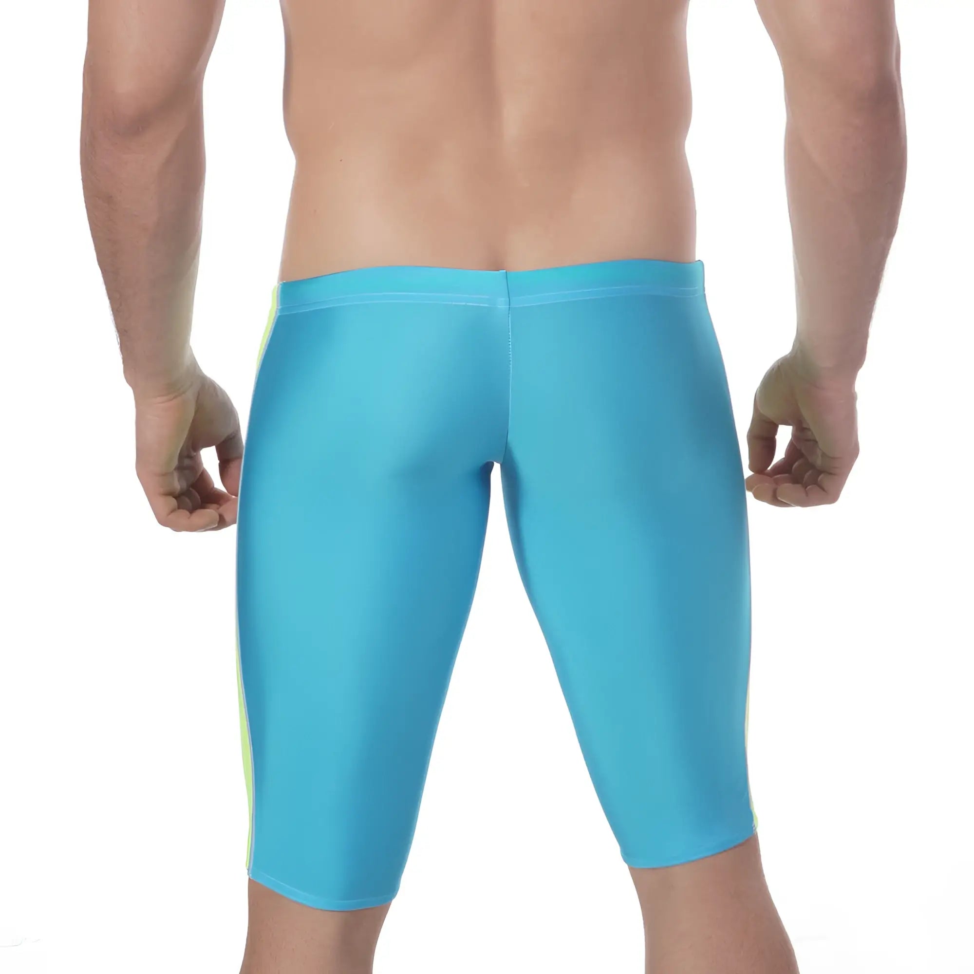 Bright turquoise MetroMaleWear Jammer swim boxer with neon yellow side stripes for swimming and water sports