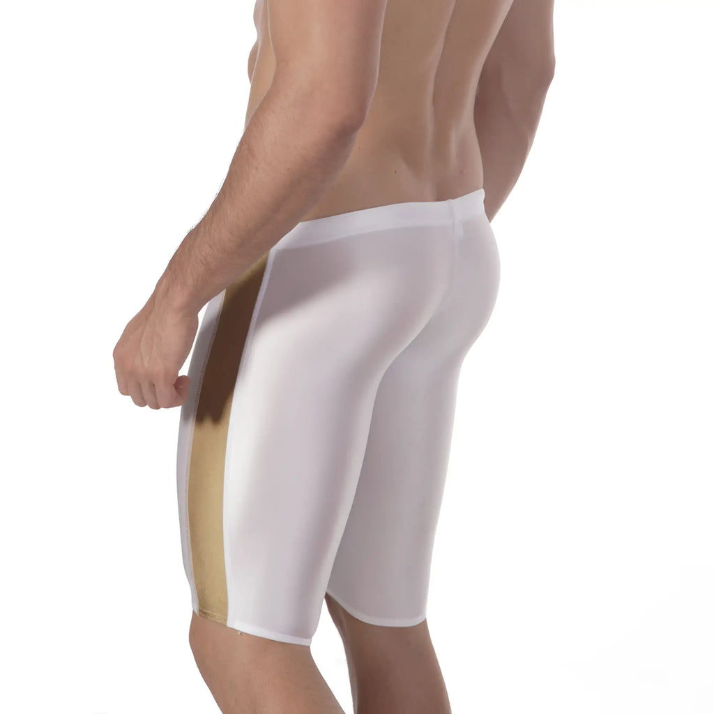 MetroMaleWear jammer swim boxer white athletic shorts with gold vertical stripe for swimming and training