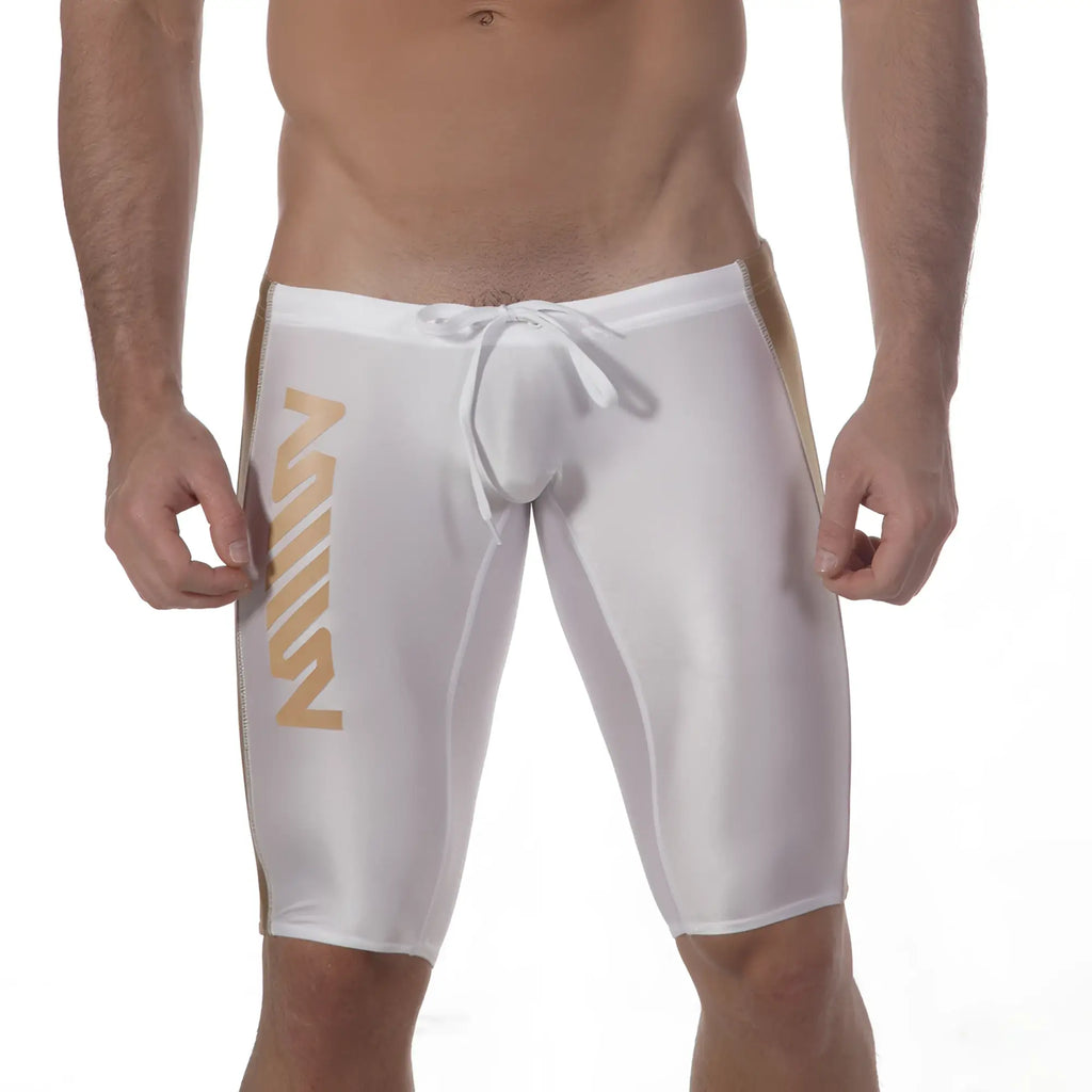 White MetroMaleWear Jammer swim boxer with gold vertical lettering and side stripes for athletic use