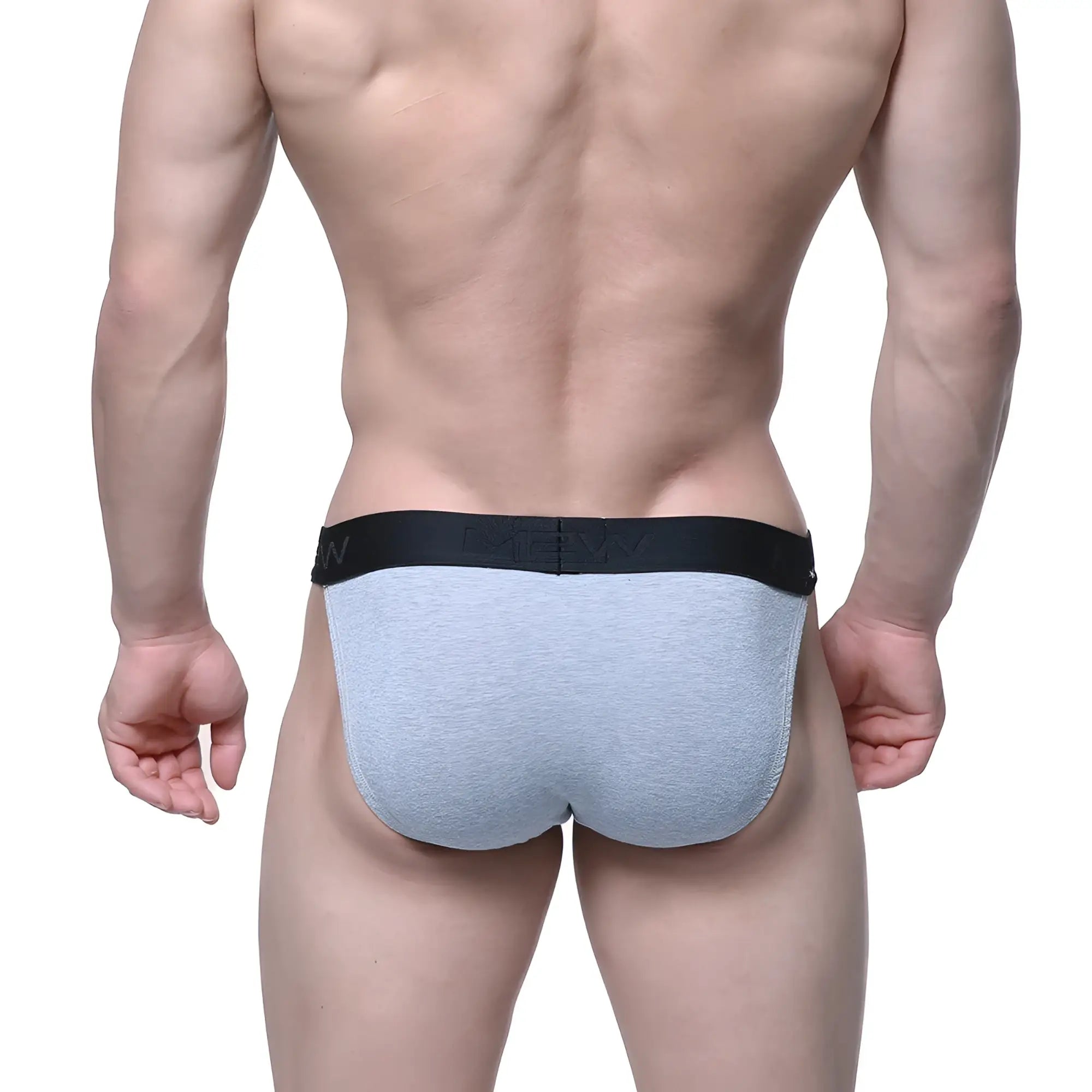 Gray heathered MetroMaleWear Jasper bikini briefs with black elastic waistband featuring ten branding