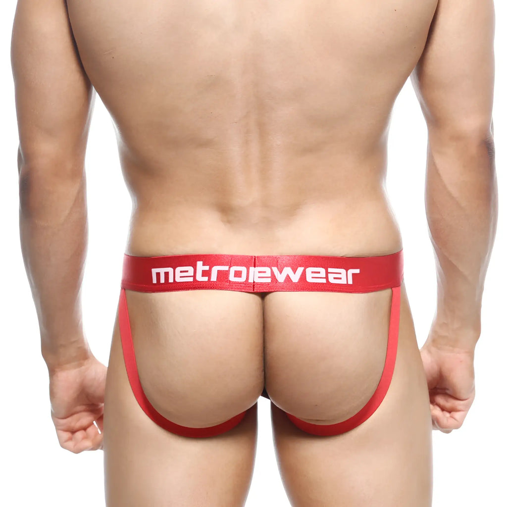 Red metrowear jock strap atractivo 3001-76 with bold white logo on waistband and breathable fabric front view