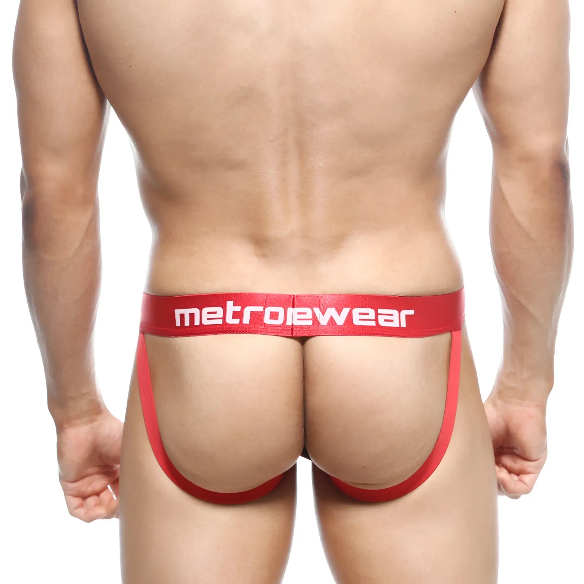 Red metrowear jock strap atractivo 3001-76 with bold white logo on waistband and breathable fabric front view