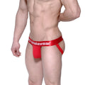 Red athletic briefs with a satin-like waistband featuring the etromalewear logo in white lettering metroMalewear jock strap crimson 3001-13