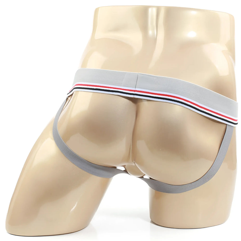 Gray athletic briefs with white red and black striped waistband from metromalewear jock strap jasper gray 3001-m10