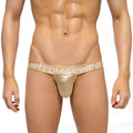 MetroMaleWear jock strap gold metallic thong with white metromalewear logo band front view