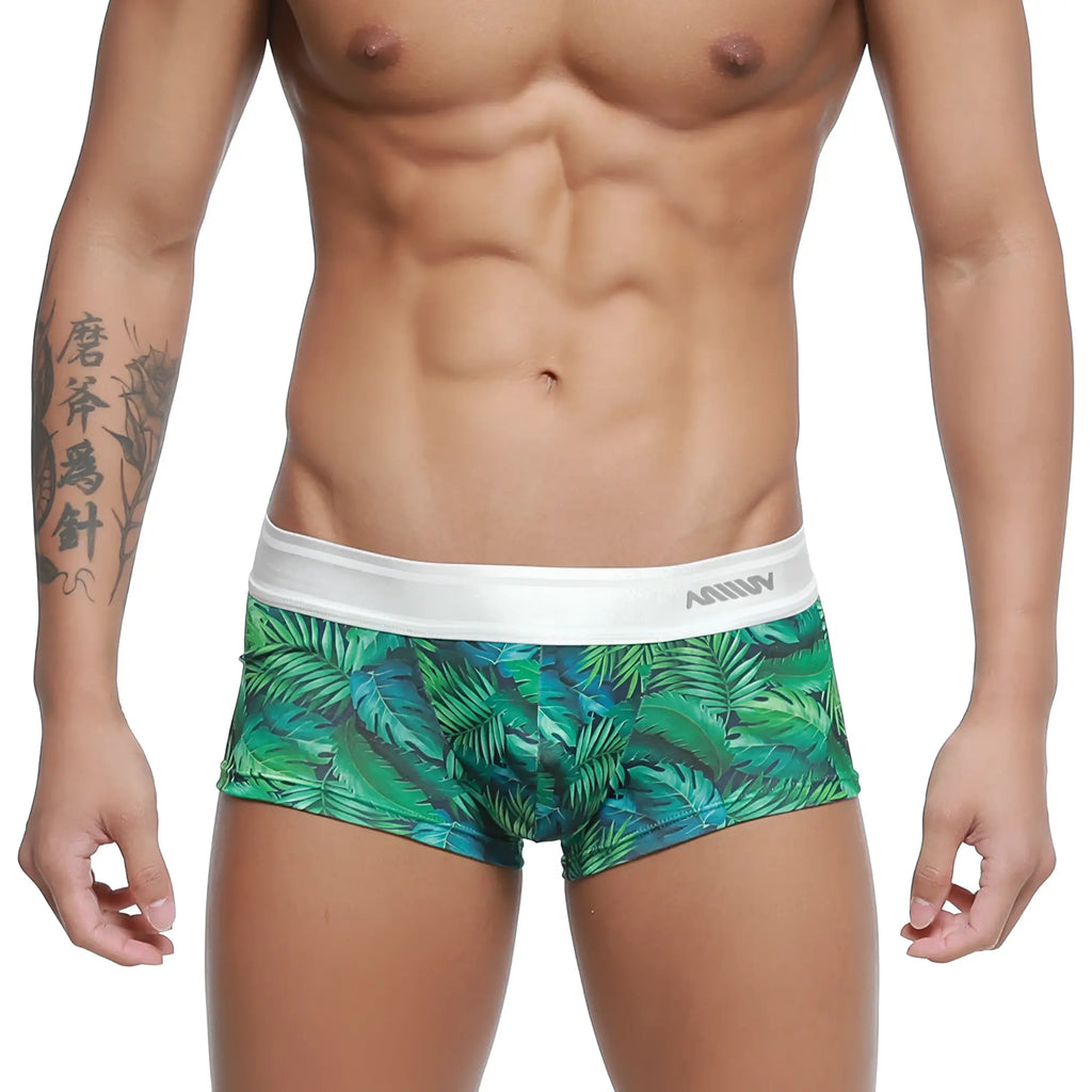 MetroMaleWear jungle trunk 2026-08 green tropical leaf patterned men’s boxer briefs with white elastic waistband