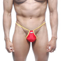 Metro male wear jupiter thong red in red and yellow satin finish showing the back side of the product