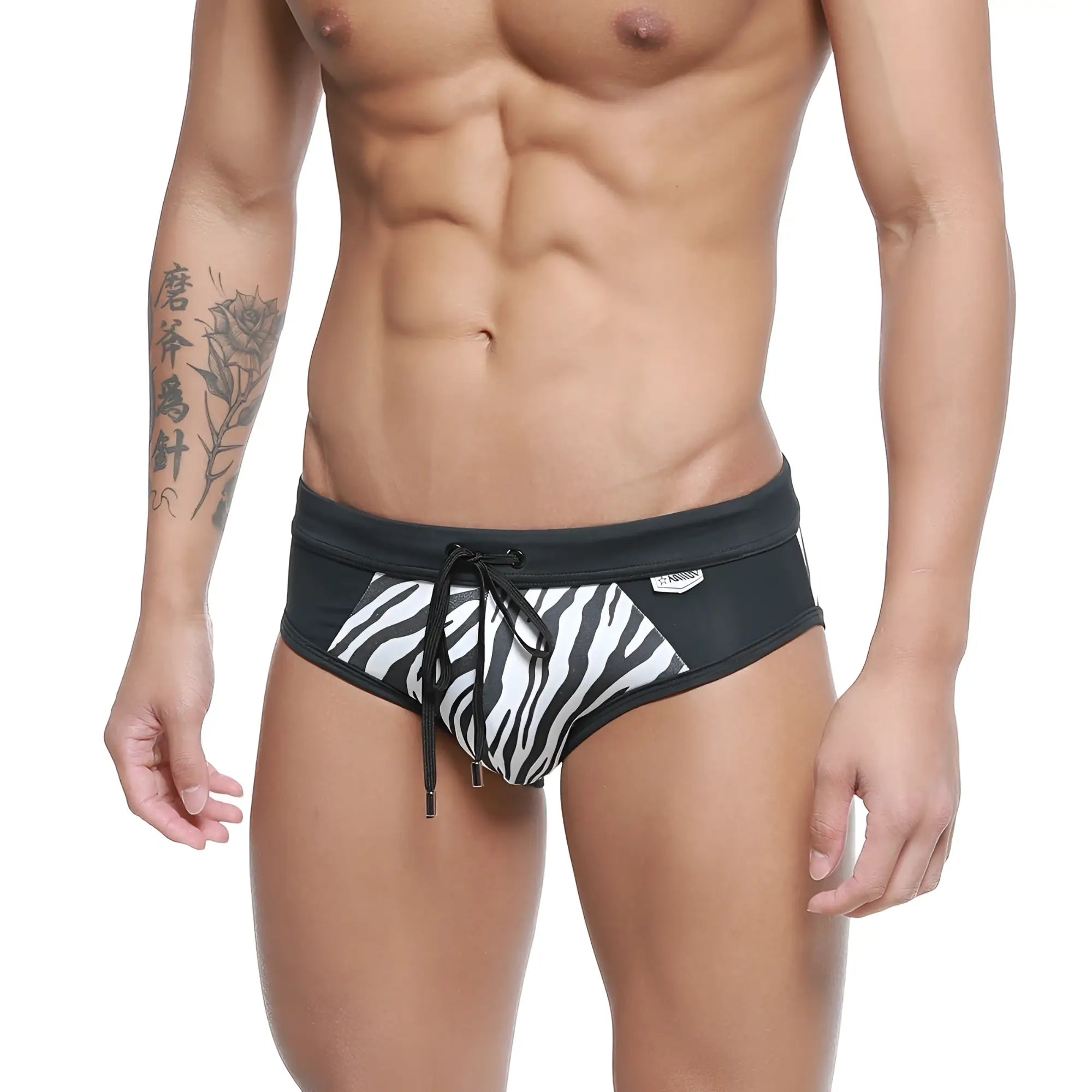 MetroMaleWear Kenya swim brief 4916-30 black and white zebra print swim trunks with drawstring waistband