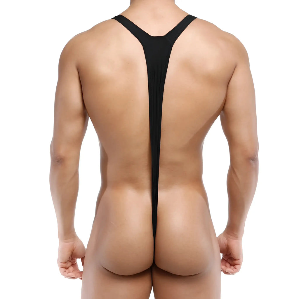Black form-fitting y-back bodysuit by metromalewear made of sleek stretchy material shown from the back side