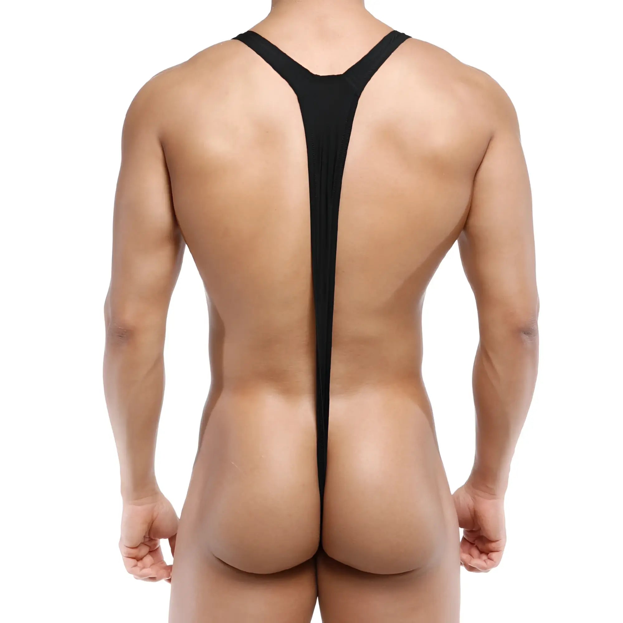 Black form-fitting y-back bodysuit by metromalewear made of sleek stretchy material shown from the back side