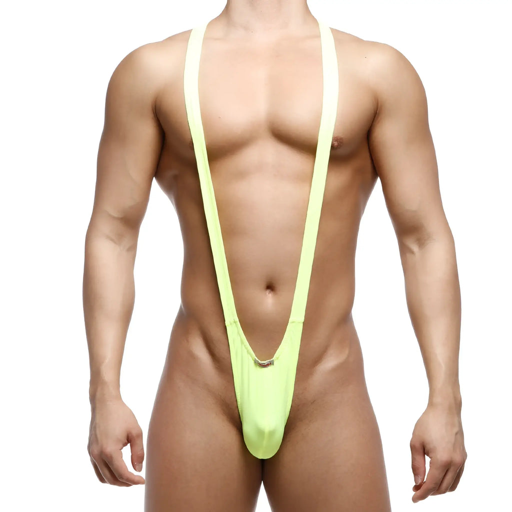MetroMaleWear Kini neon green form-fitting one-piece swimsuit with thin straps and a low-cut front design