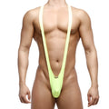 MetroMaleWear Kini neon green form-fitting one-piece swimsuit with thin straps and a low-cut front design