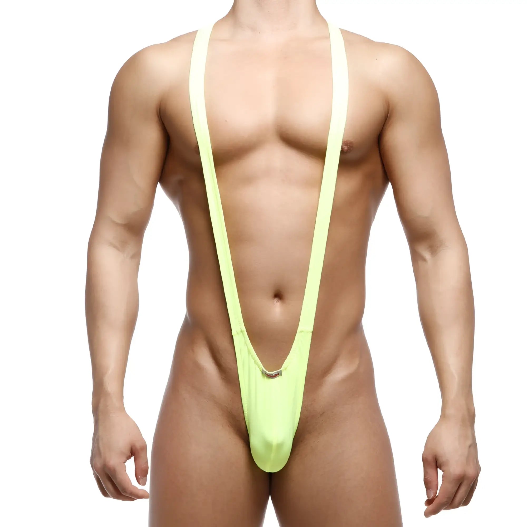 MetroMaleWear Kini neon green form-fitting one-piece swimsuit with thin straps and a low-cut front design