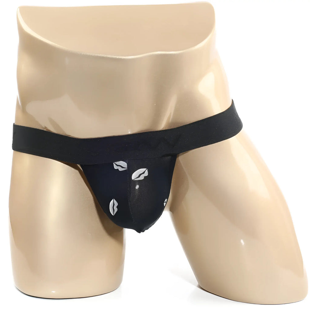 MetroMaleWear kiss black thong 3002-66 with white lip print design made of black lace material