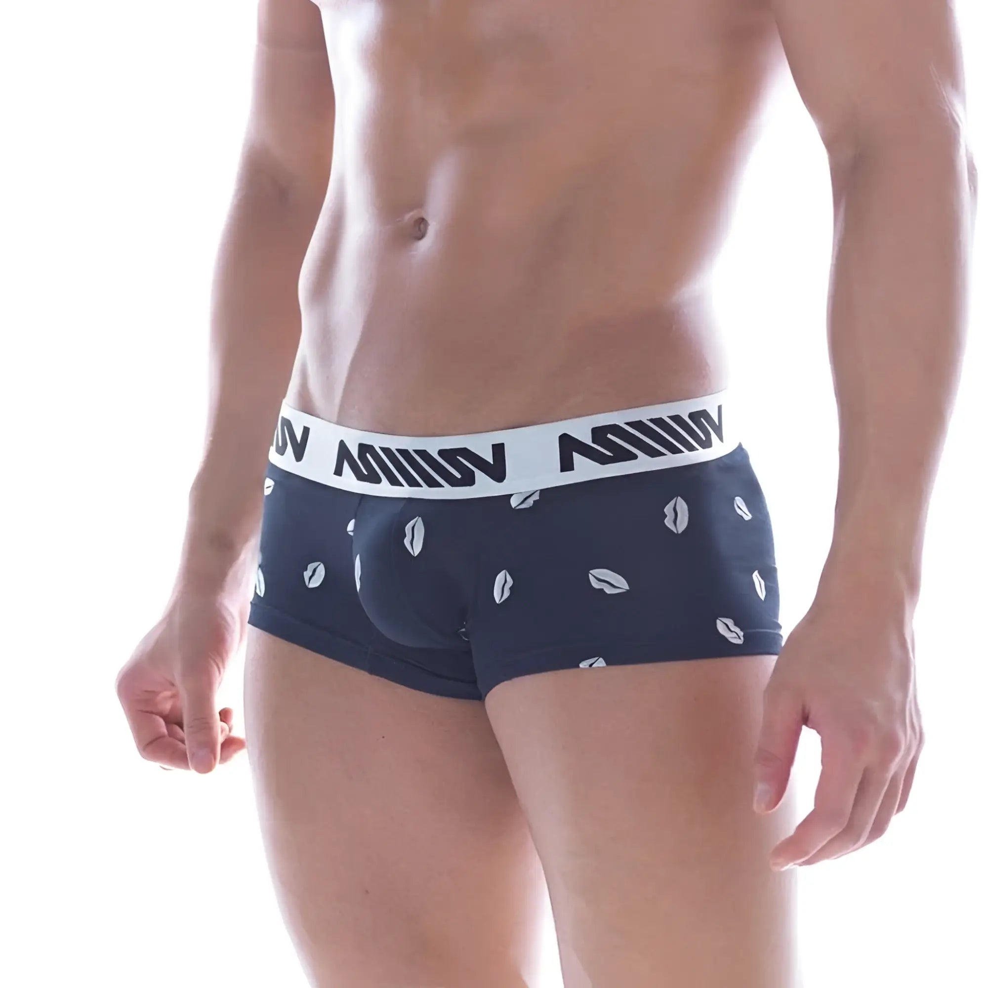 Navy blue metroMalewear kiss short boxer briefs with white coffee bean prints and white waistband with miiin branding