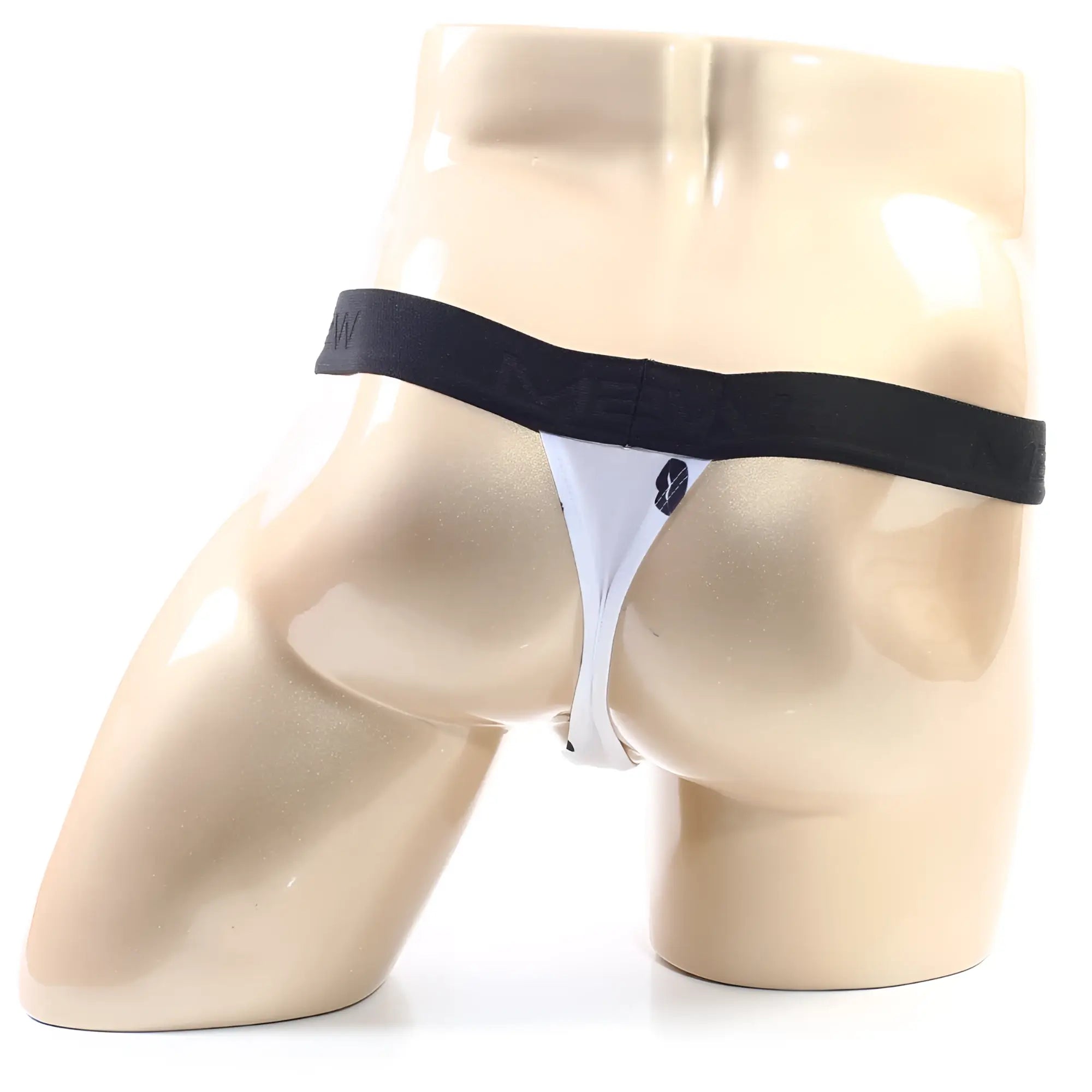 MetroMaleWear kiss white thong with black elastic waistband and small dark logo on front, comfortable men’s underwear