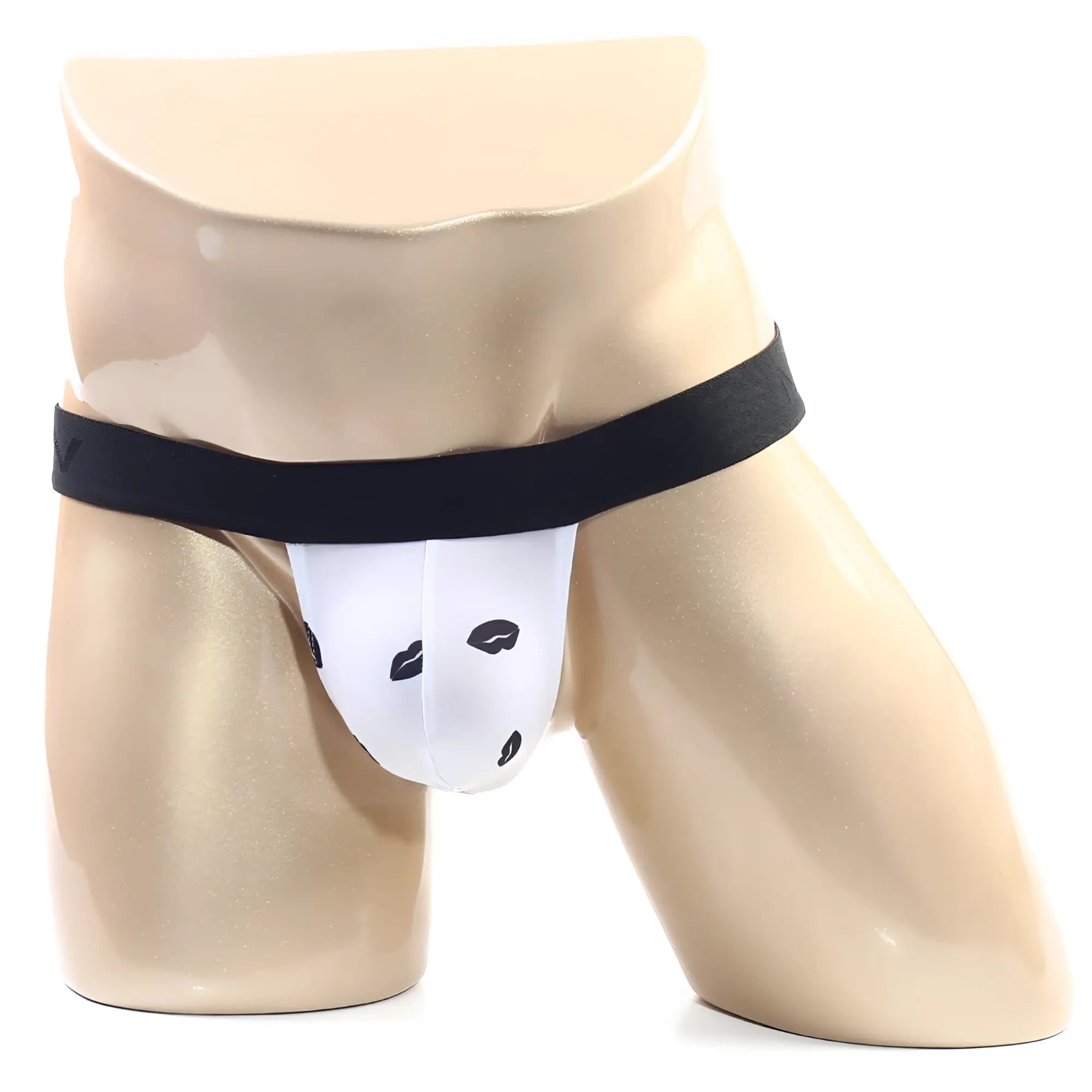 MetroMalewear kiss white thong 3002-65 with black lip print design and solid black waistband for men