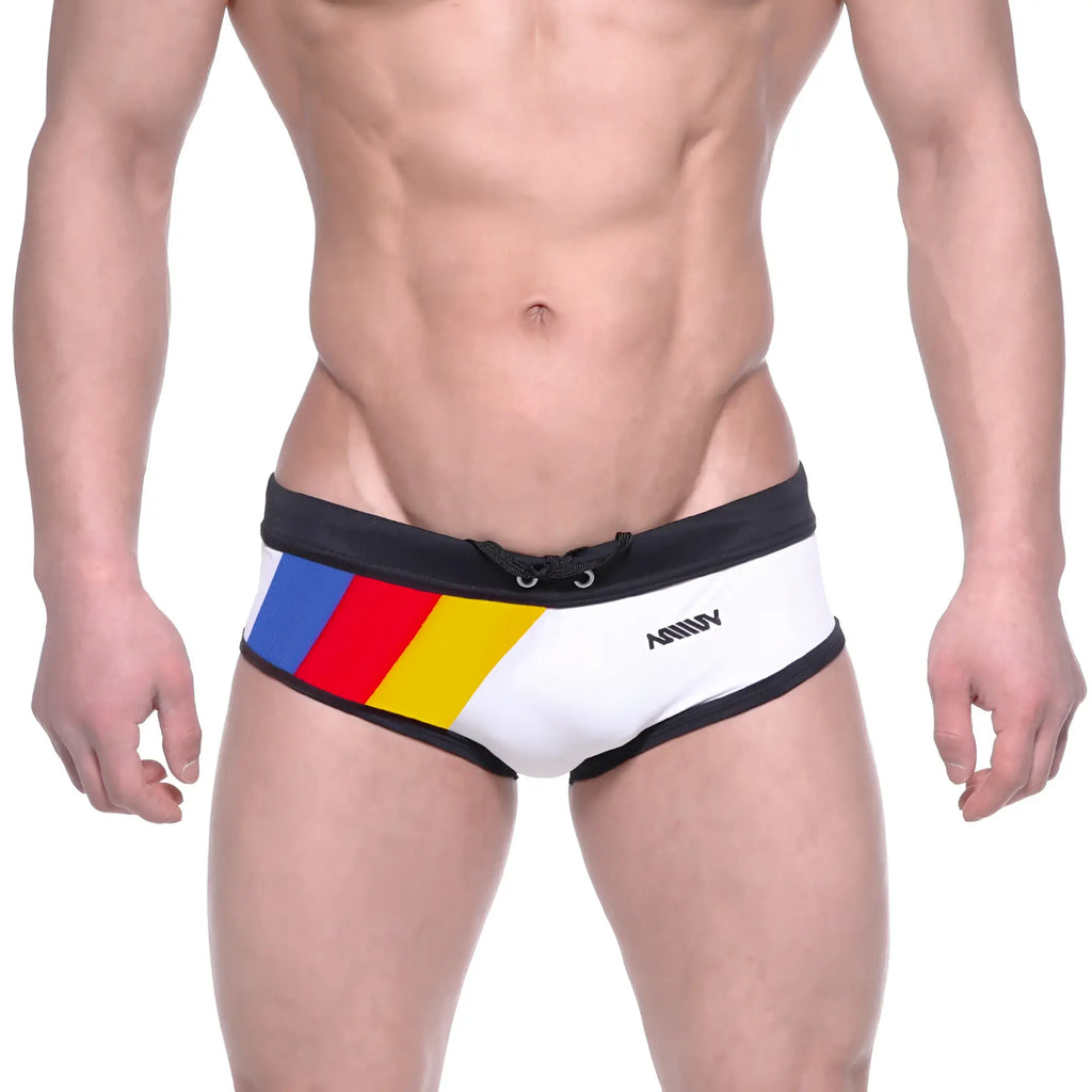 White swim trunks with bold blue red and yellow diagonal stripe black trim and ammy branding metroMalewear 4960-43