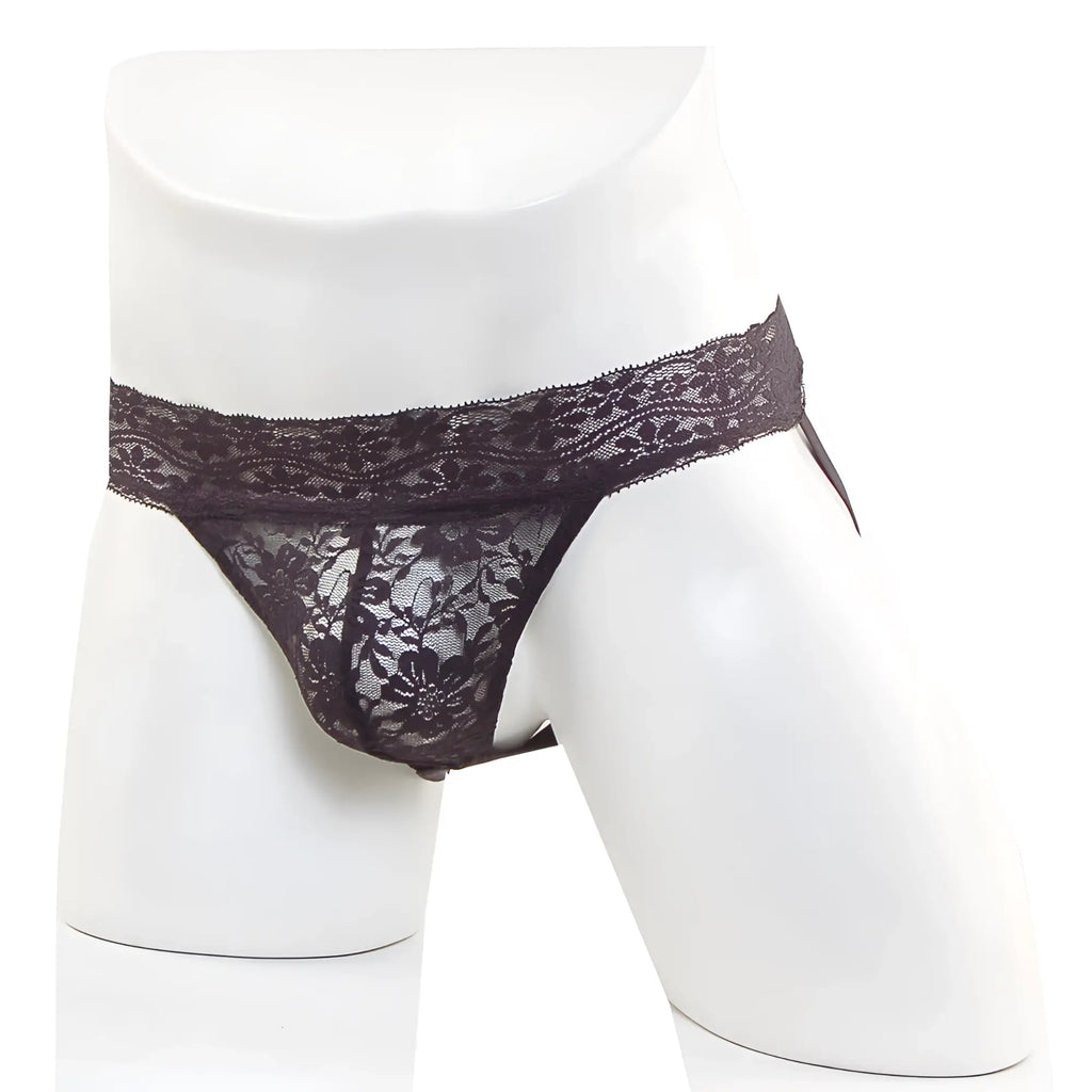 MetroMaleWear lace jock strap black with intricate floral patterns and sheer delicate lace thong design shown from the back