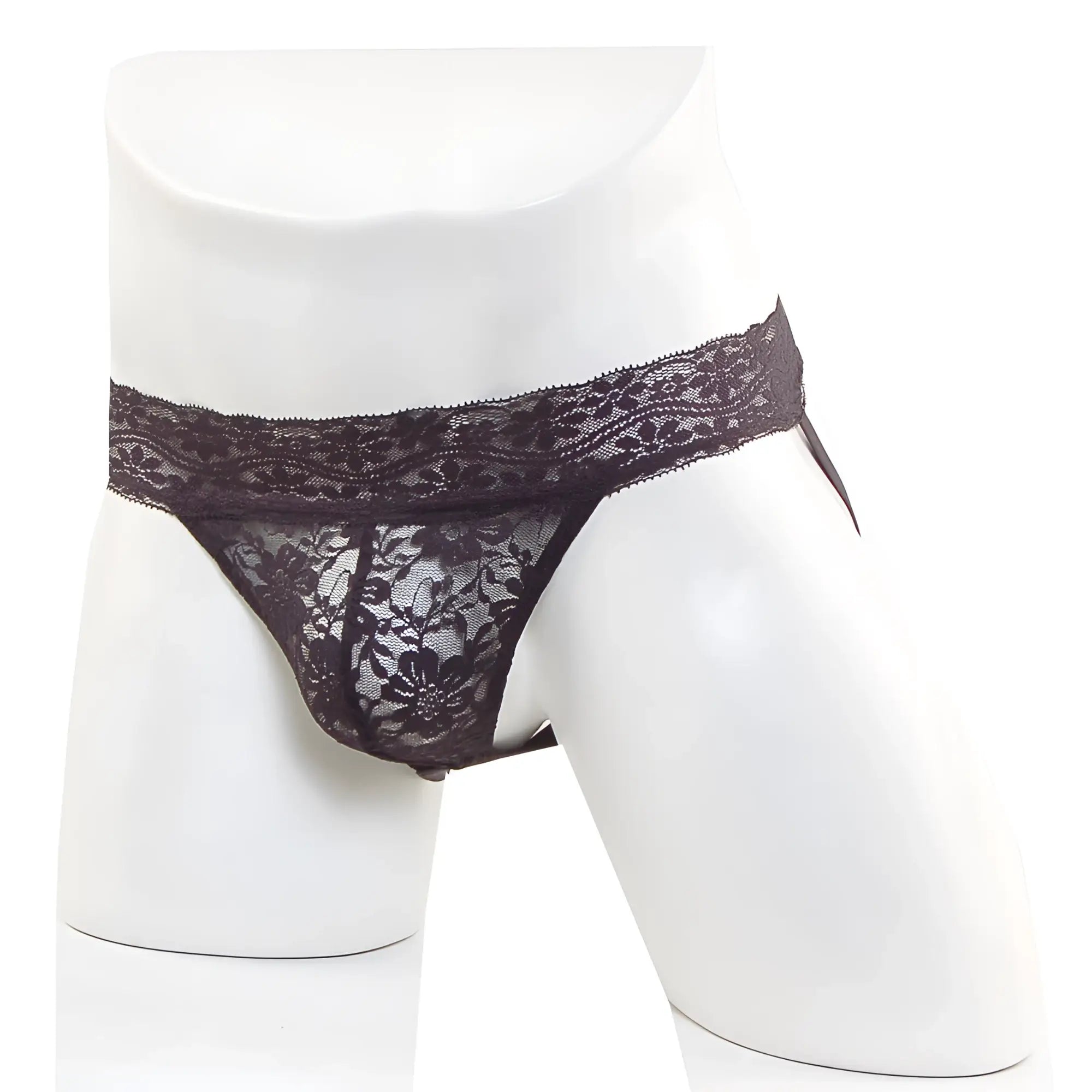 MetroMaleWear lace jock strap black with intricate floral patterns and sheer delicate lace thong design shown from the back