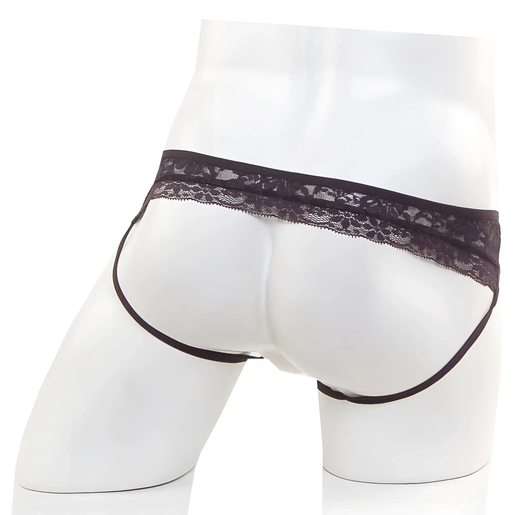 Black lace-trimmed briefs with a sleek form-fitting design from metromalewear lace jock strap black 2911-71