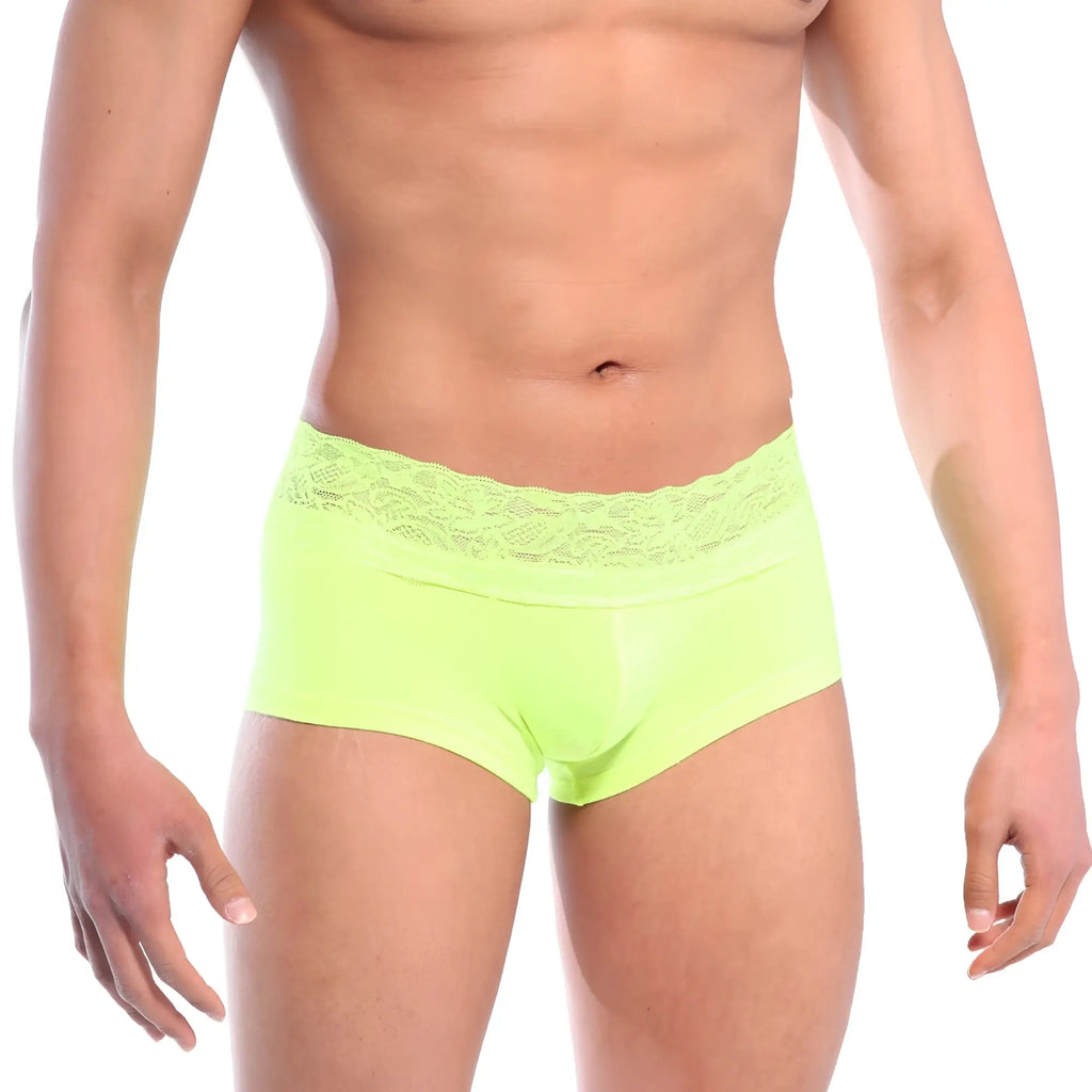 Bright neon green metroMalewear lace short boxer briefs with delicate lace trim at the waistband
