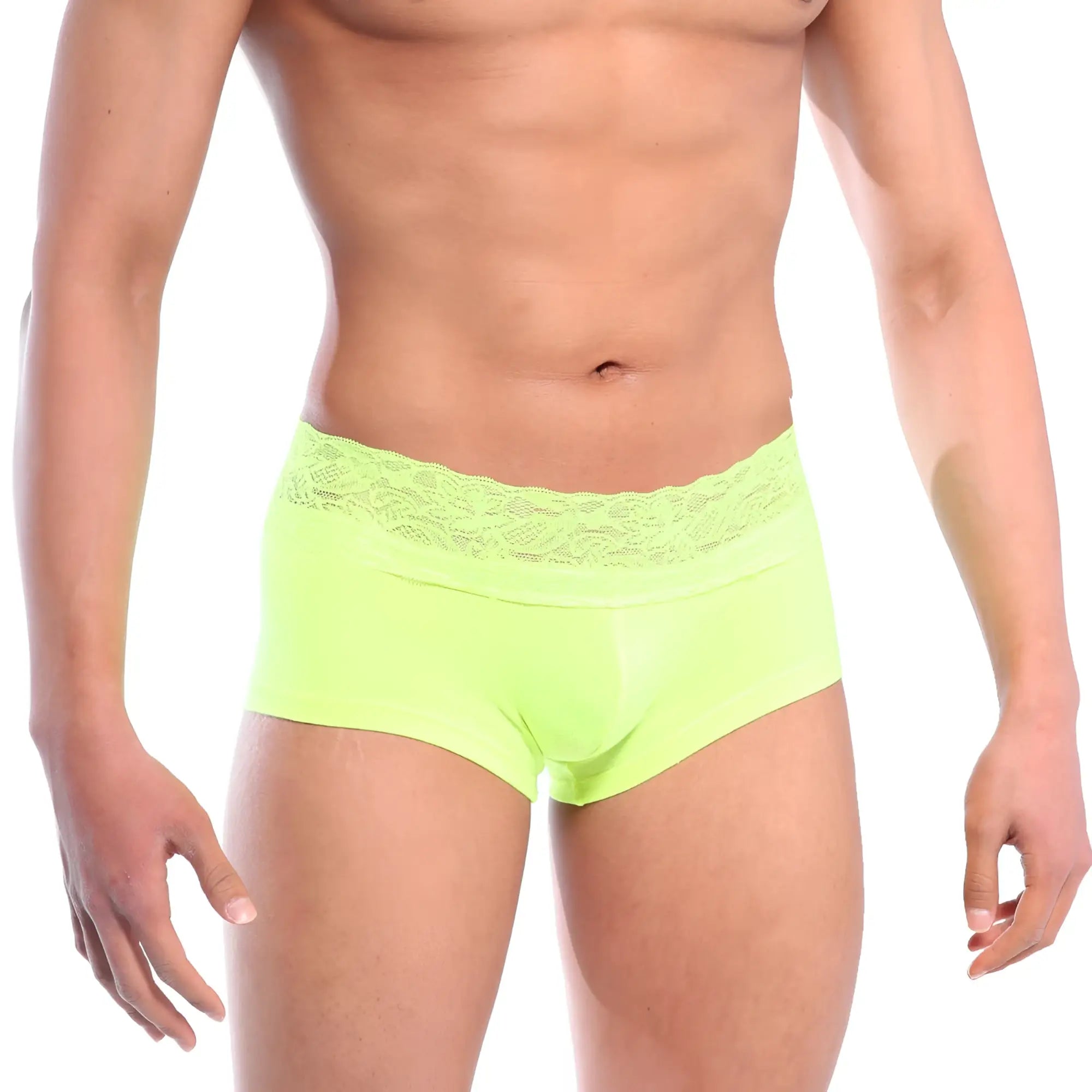 Bright neon green metroMalewear lace short boxer briefs with delicate lace trim at the waistband