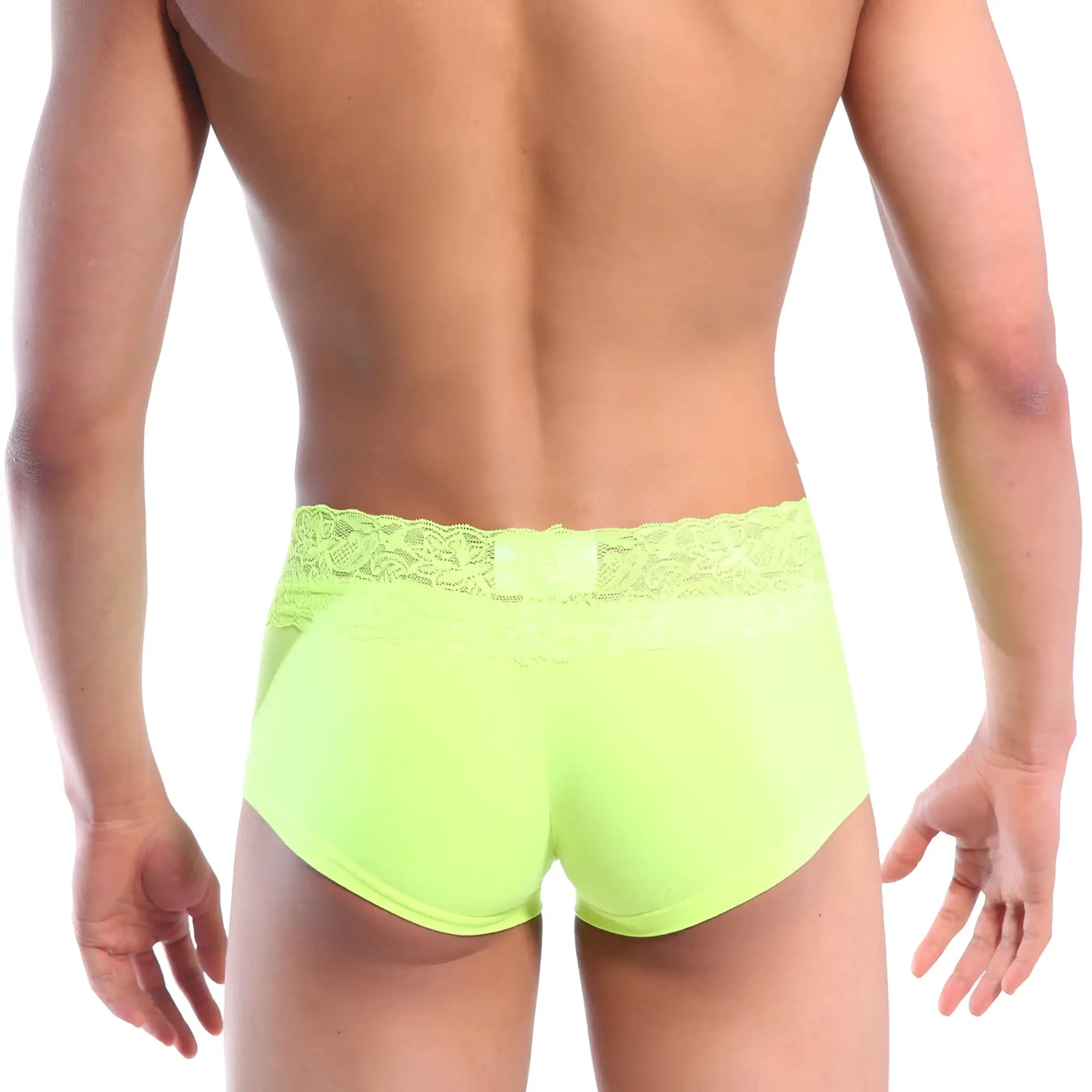 Neon green lace trimmed briefs from metromalewear featuring lace short boxer design in soft breathable fabric