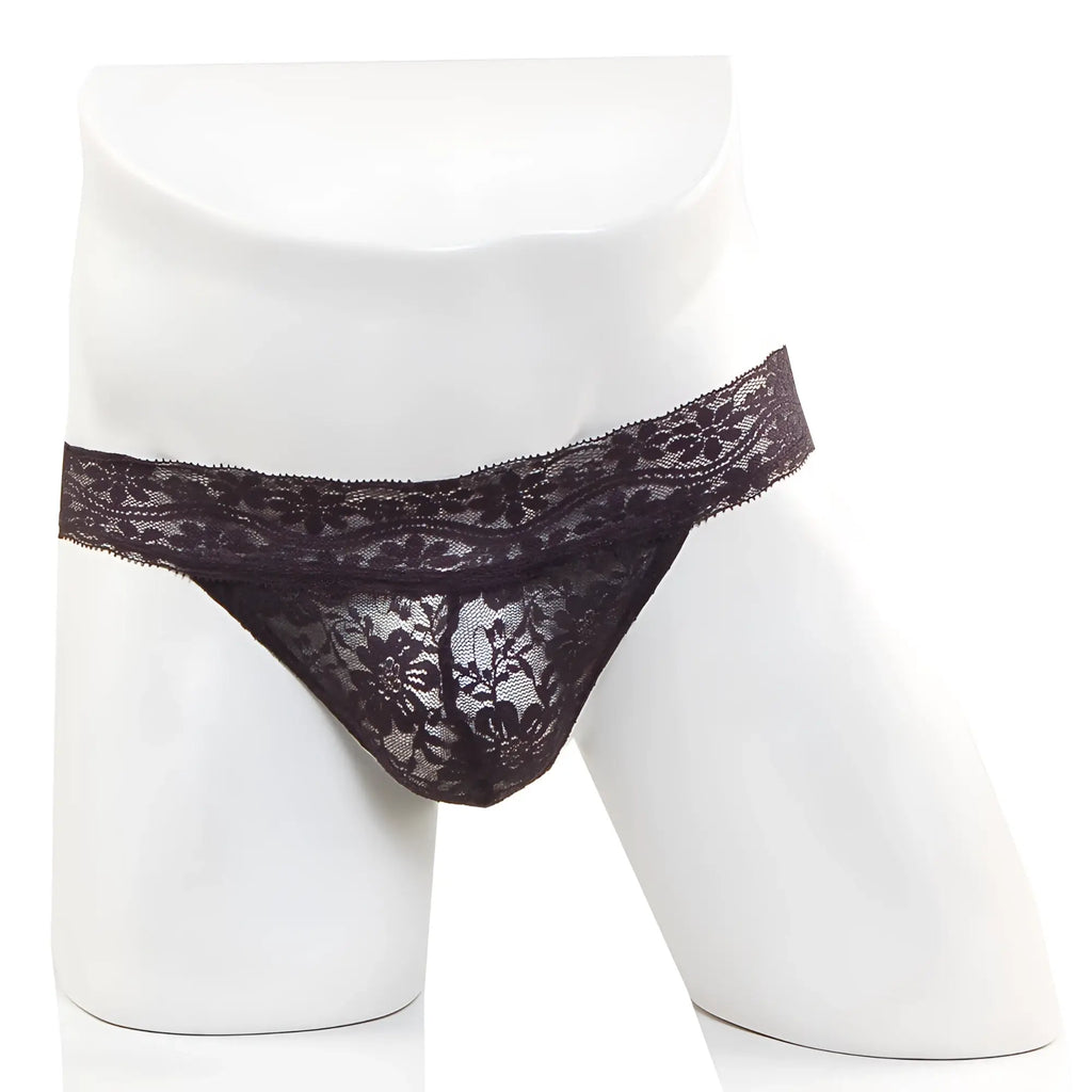 Black lace thong with floral pattern from metromalewear model 2912-71 showing the front side details
