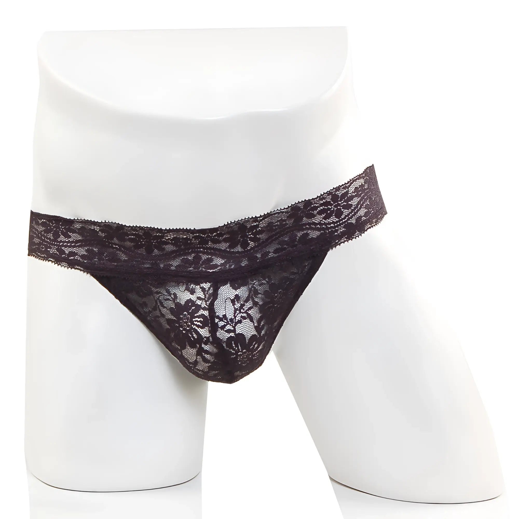 Black lace thong with floral pattern from metromalewear model 2912-71 showing the front side details