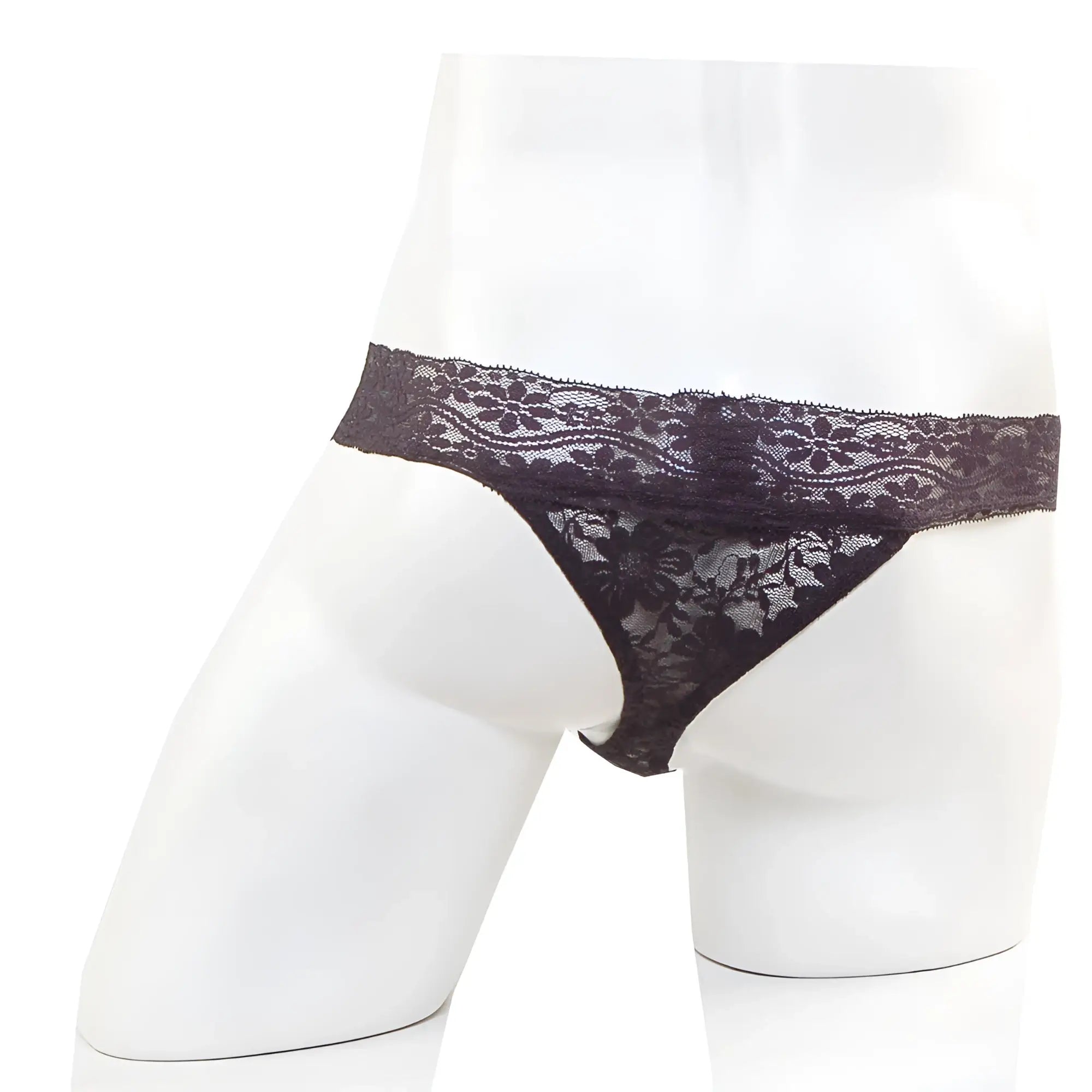 Black lace thong with intricate floral patterns and delicate sheer design from MetroMaleWear model 2912-71