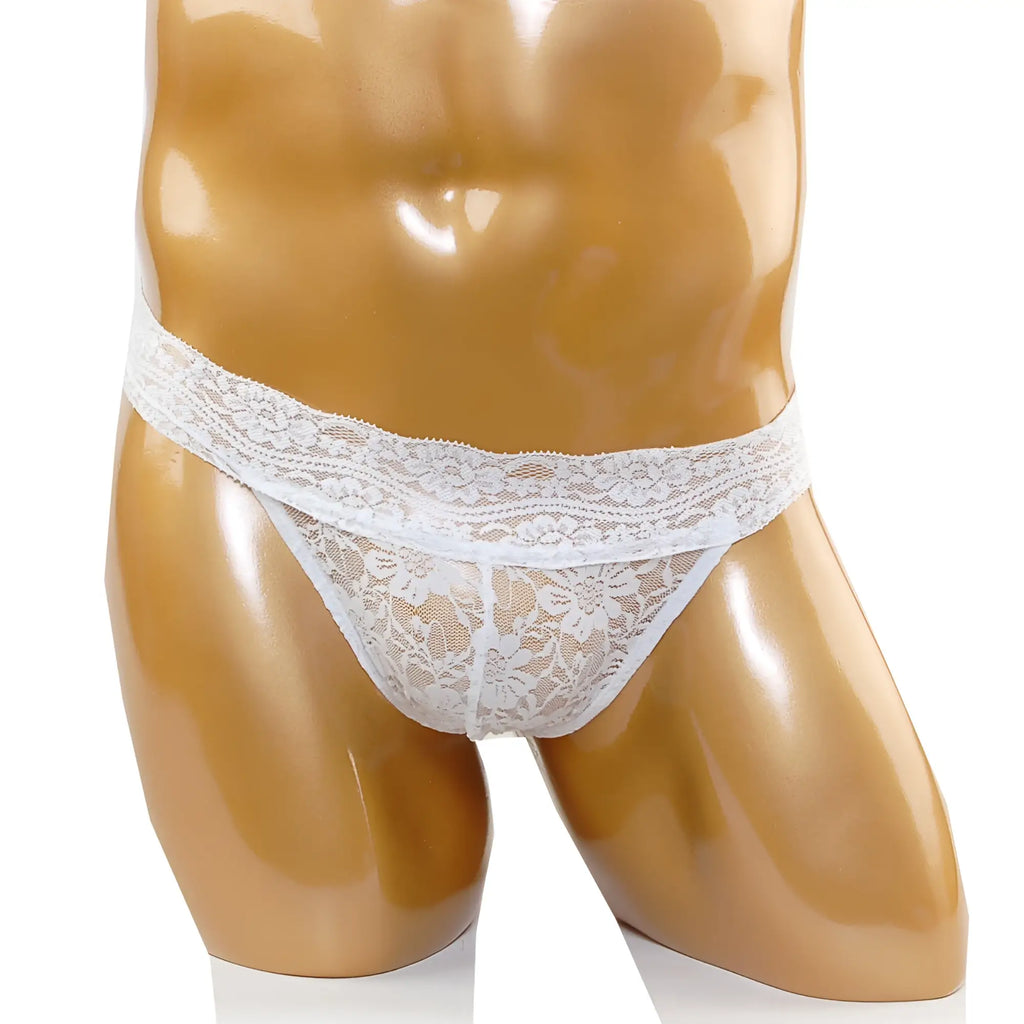 MetroMaleWear lace thong white with intricate floral patterns and delicate sheer lace design in front view