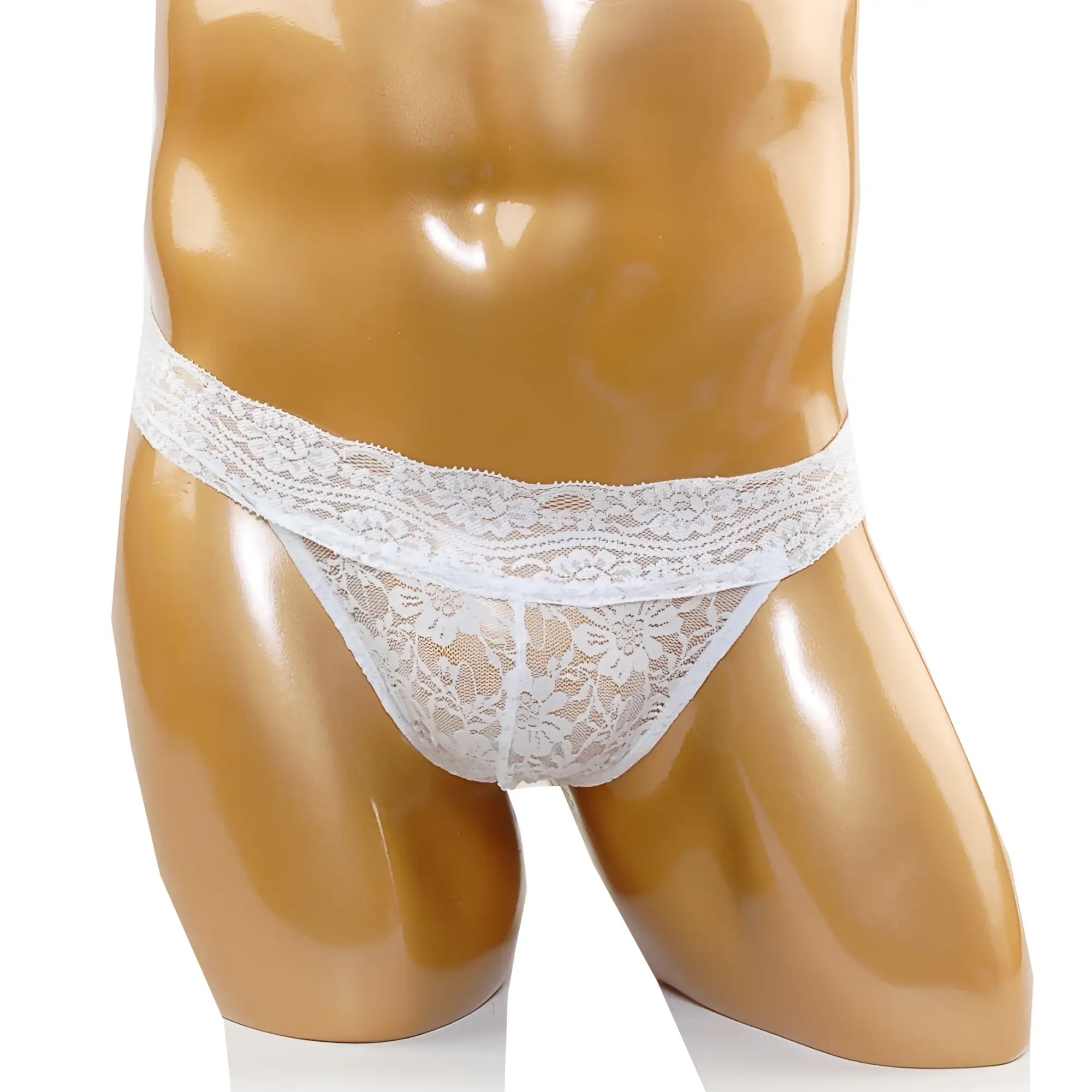 MetroMaleWear lace thong white with intricate floral patterns and delicate sheer lace design in front view