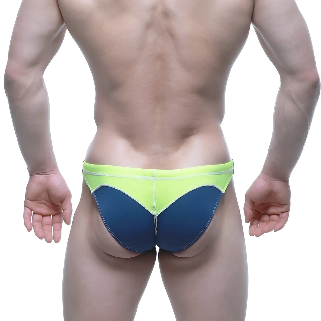 MetroMaleWear Laguna swim bikini navy 4990-28 vibrant neon green and deep blue two-tone swim trunks with modern design