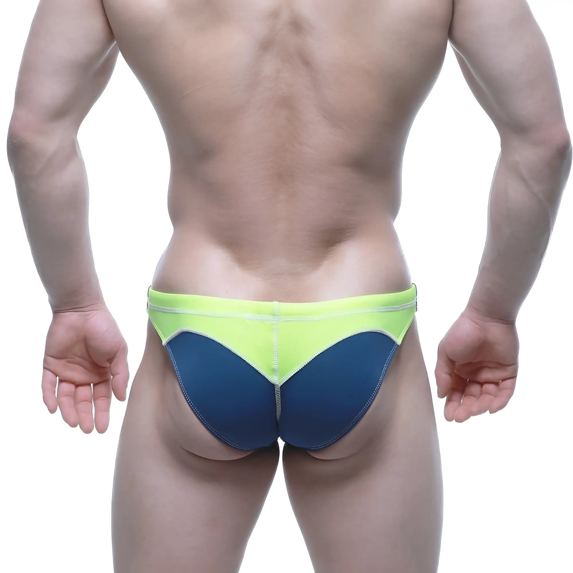 MetroMaleWear Laguna swim bikini navy 4990-28 vibrant neon green and deep blue two-tone swim trunks with modern design