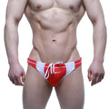 MetroMalewear laguna swim bikini red features red and white swim trunks with a drawstring waistband for swimming