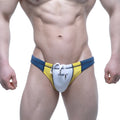 Metro male wear laguna swim bikini white with blue and yellow striped trunks and white front panel featuring mew logo