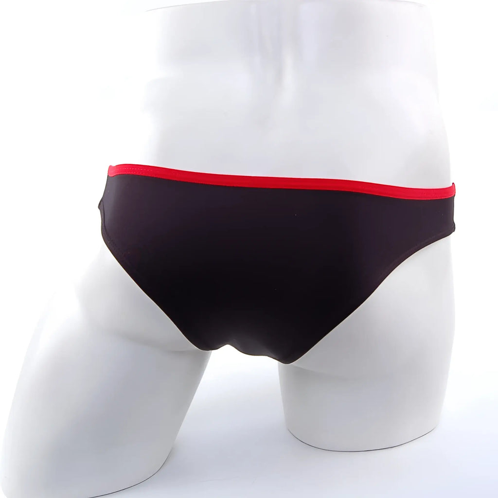 Black swim trunks with bold red waistband metro malewear lasso bikini contrast black 2009-21 front view