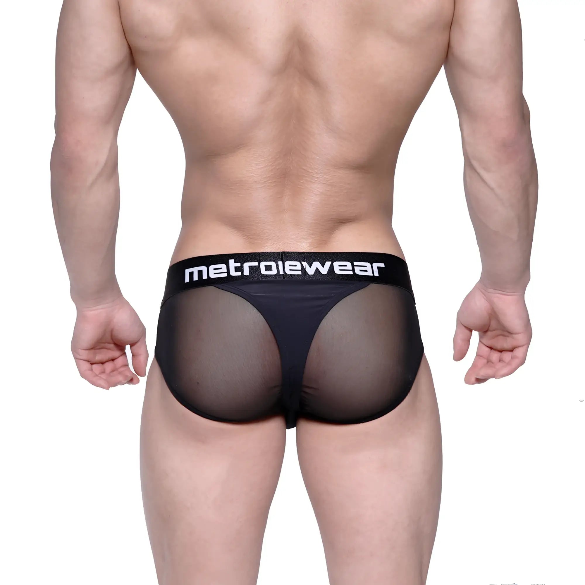 Black mesh briefs with solid black waistband featuring metroiewear logo in white from metro malewear layered hip brief