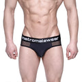 Black mesh layered hip briefs with white metromalewear logo on waistband model 5103-31