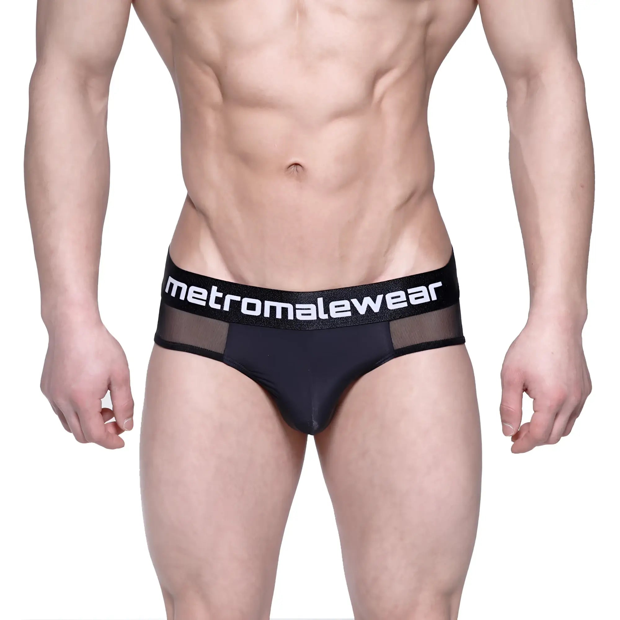Black mesh layered hip briefs with white metromalewear logo on waistband model 5103-31