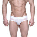 White mens briefs metroMalewear layered hip brief 5103-32 with solid waistband and sheer mesh side panels