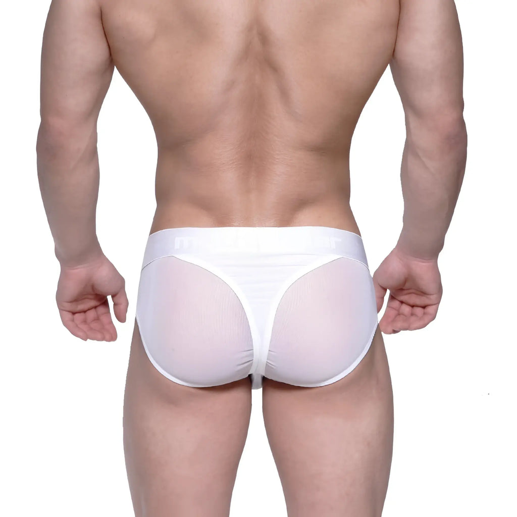 White mesh metroMalewear layered hip briefs with solid white waistband for breathable comfort and support