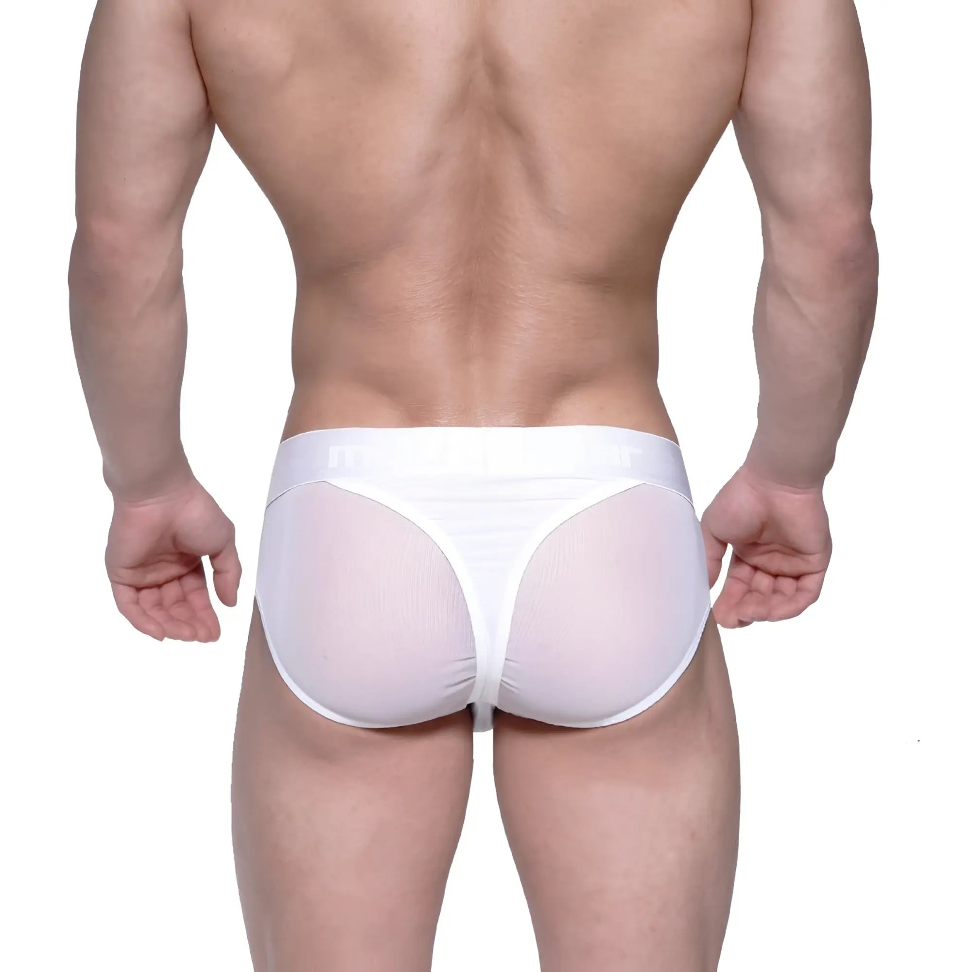 White mesh metroMalewear layered hip briefs with solid white waistband for breathable comfort and support