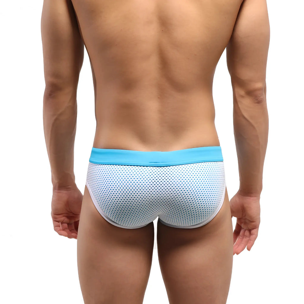 Metro male wear layered swim brief in light blue and white mesh with solid turquoise waistband for swimming
