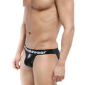 Black chrome-effect leather briefs with white chromalewear waistband branding metroMalewear leather bikini 3004-f20