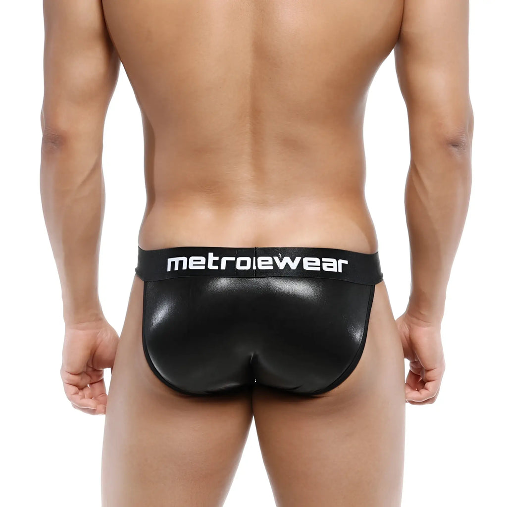 Black metallic finish leather bikini briefs with metroiewear branded waistband from metro malewear model 3004 f20