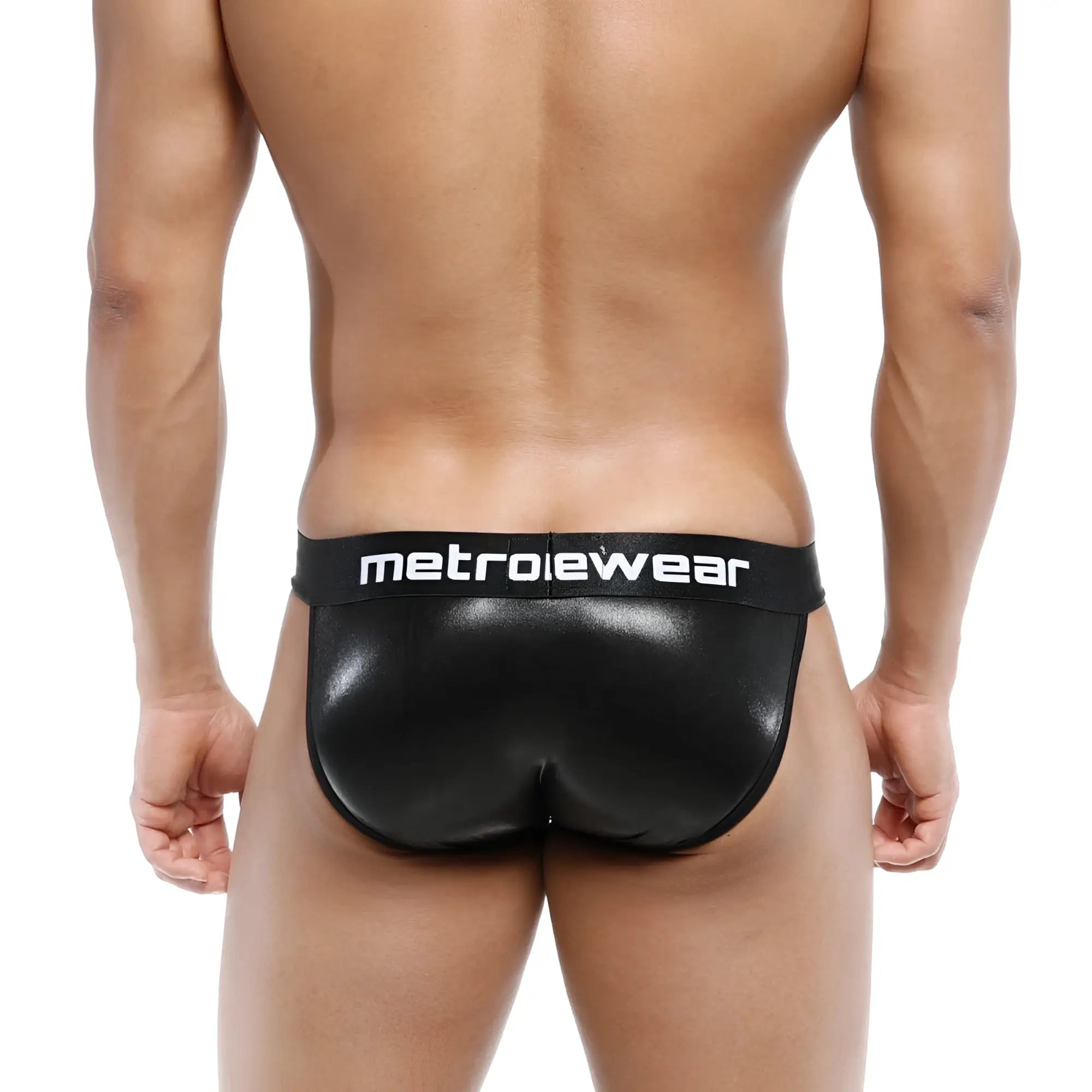 Black metallic finish leather bikini briefs with metroiewear branded waistband from metro malewear model 3004 f20