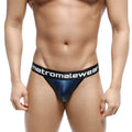 Navy blue metallic leather briefs with black elastic waistband featuring metromalewear logo in white lettering